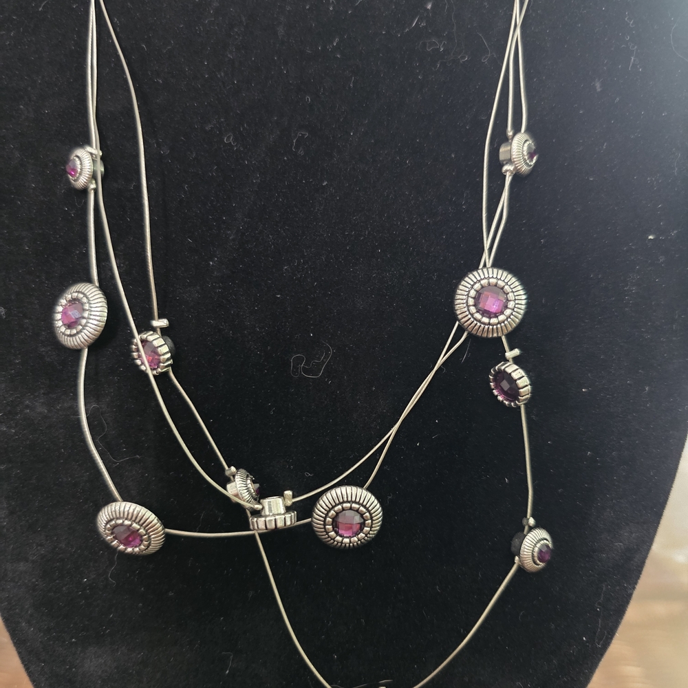 Source Unknown Silver and Purple Multi-Layer Necklace